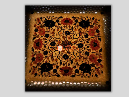 White Square Filigree Marble Table Top Multi Inlay Decor