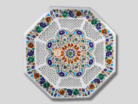 White Marble Carnelian Floral Inlay Side Table Top Decor