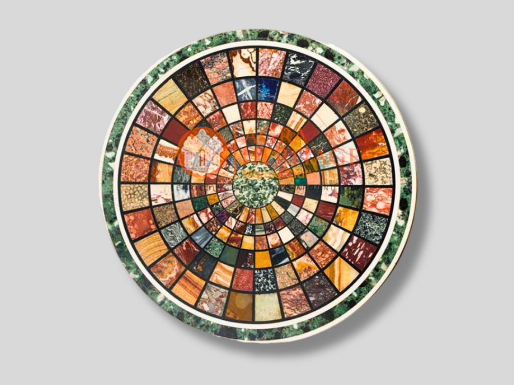 White Marble Round Coffee Table Top Mosaic Inlay Design