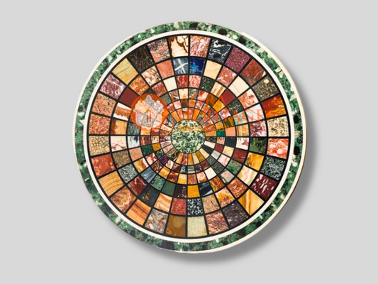 White Marble Round Coffee Table Top Mosaic Inlay Design