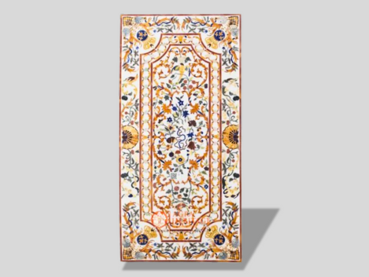 White Marble Pietra Dura Dining Table Top Inlay Design