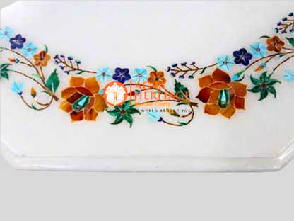 White Marble Turquoise Carnelian Floral Art Coffee Table Top