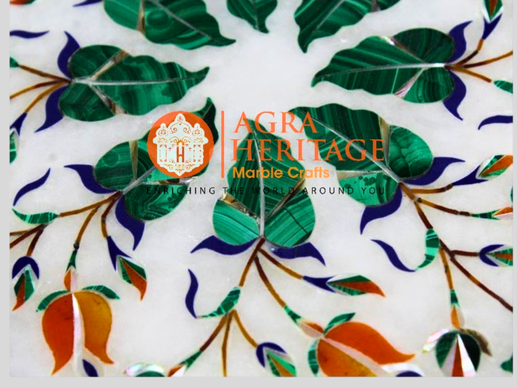 Marble White Corner Table Top Malachite Carnelian Inlaid Art