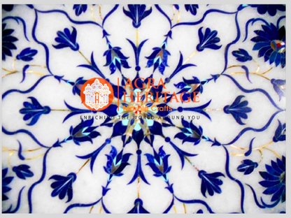 White Marble Lapis Lazuli Inlay Floral Art Corner Table Top