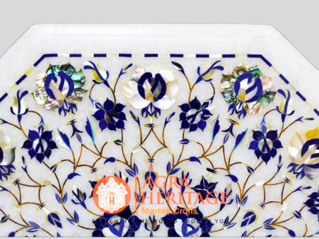 White Marble Bedroom Pauashell Lapis Inlaid Art Table Top