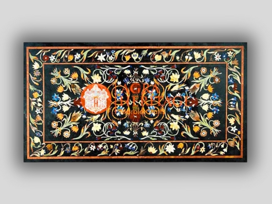 Black Marble Outdoor Dining Table Top Multi Inlay Floral Decor