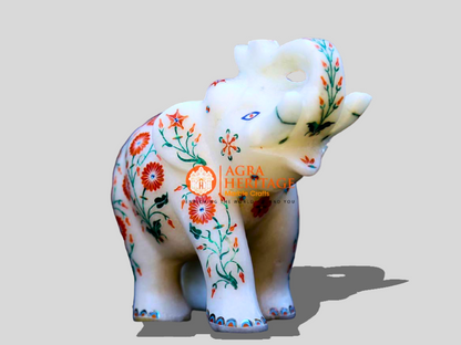 Marble Inlay Elephant Carnelian Malachite Inlay Floral Statue