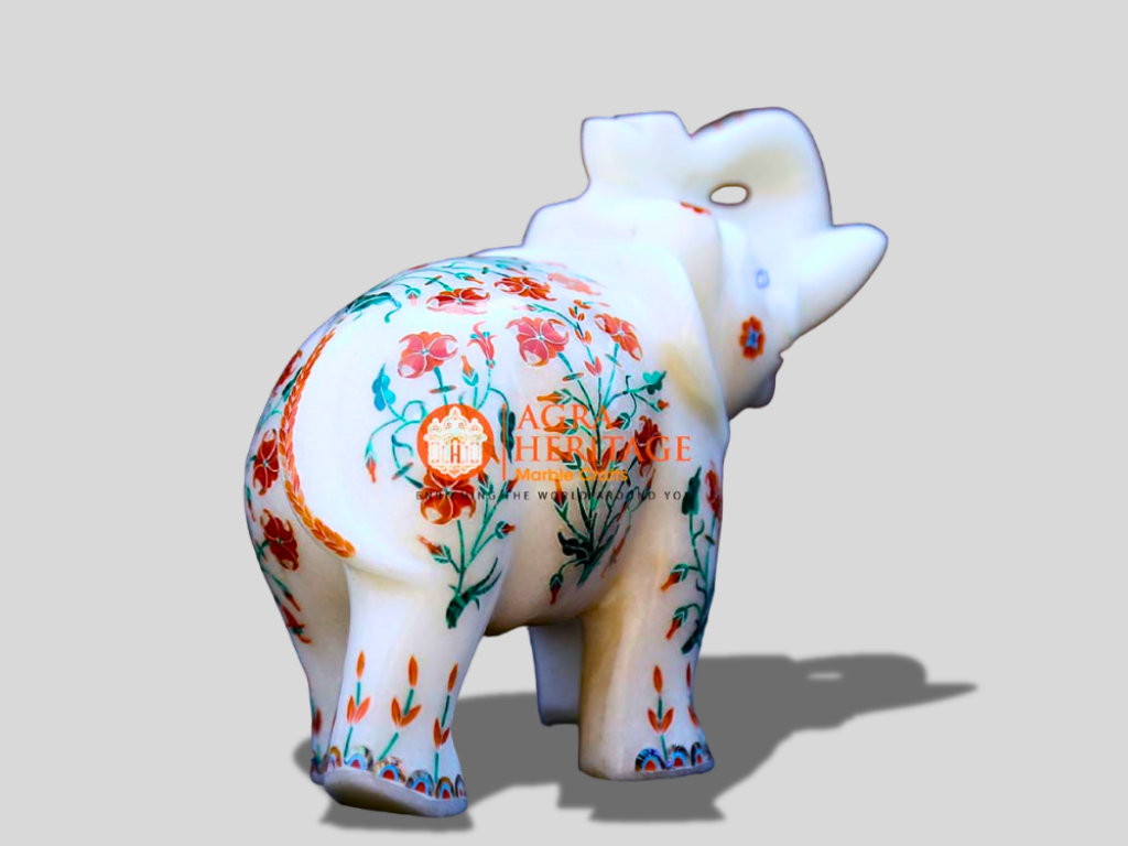 Marble Stone Elephant Carnelian Malachite Inlay Floral Arts