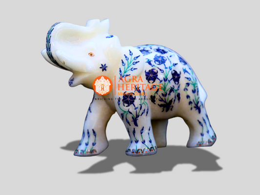 Decorative Marble Elephant Lapis Malachite Inlay Floral Arts