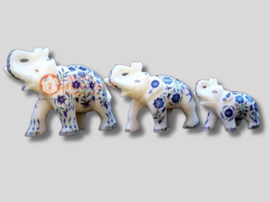 White Marble Trunk Up Elephant Lapis Malachite Inlay Floral