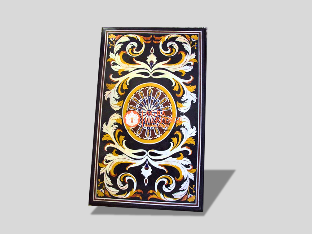 Black Marble Inlay Coffee Table Top Handicraft Design