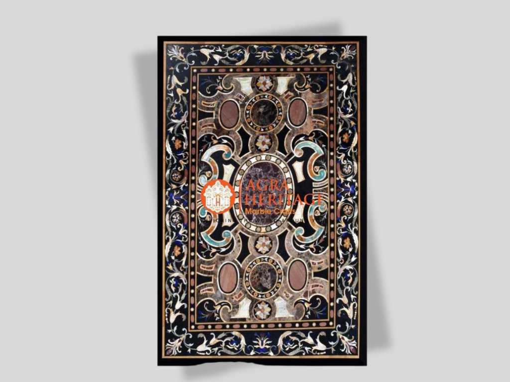 Italian Marble Black Dining Stone Table Top Pietra Dura Inlaid
