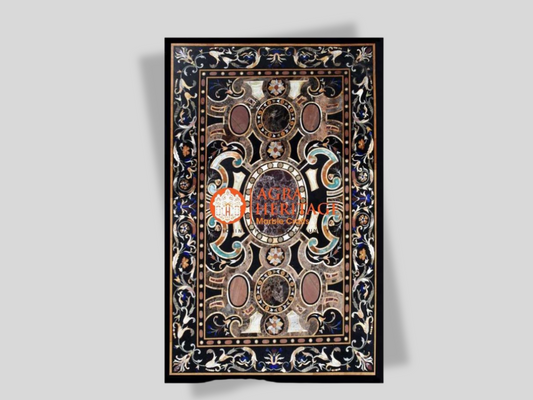 Italian Marble Black Dining Stone Table Top Pietra Dura Inlaid