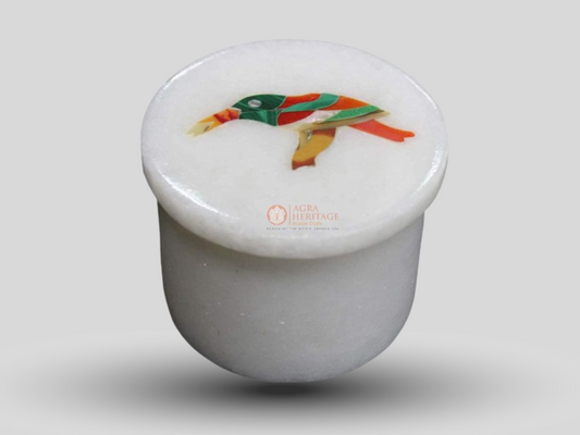 White Marble Round Jewelry Storage Box Inlay Birds Ring Box Gifts