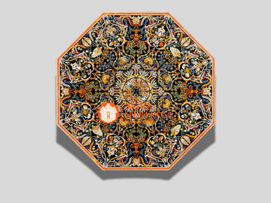 Black Marble Pietra Dura Dining Inlay Table Top Hallway Decor