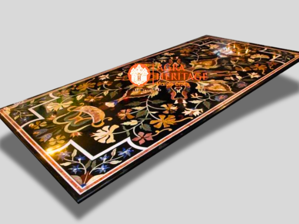 Black Marble Inlay Top Dining Table Floral Marquetry Decor