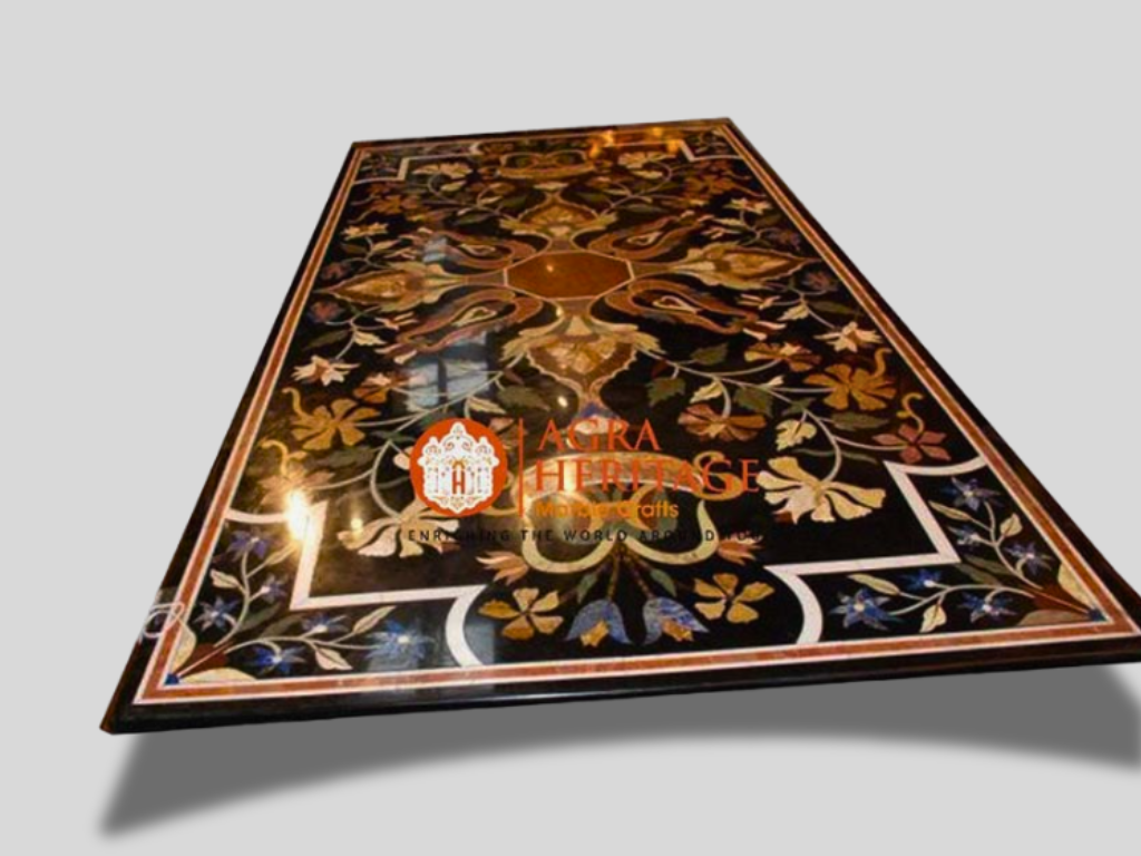 Black Marble Inlay Top Dining Table Floral Marquetry Decor