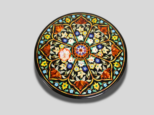 Black Round Marble Coffee Table Top Inlay Multi Floral Decor