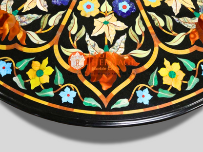Black Round Marble Coffee Table Top Inlay Multi Floral Decor