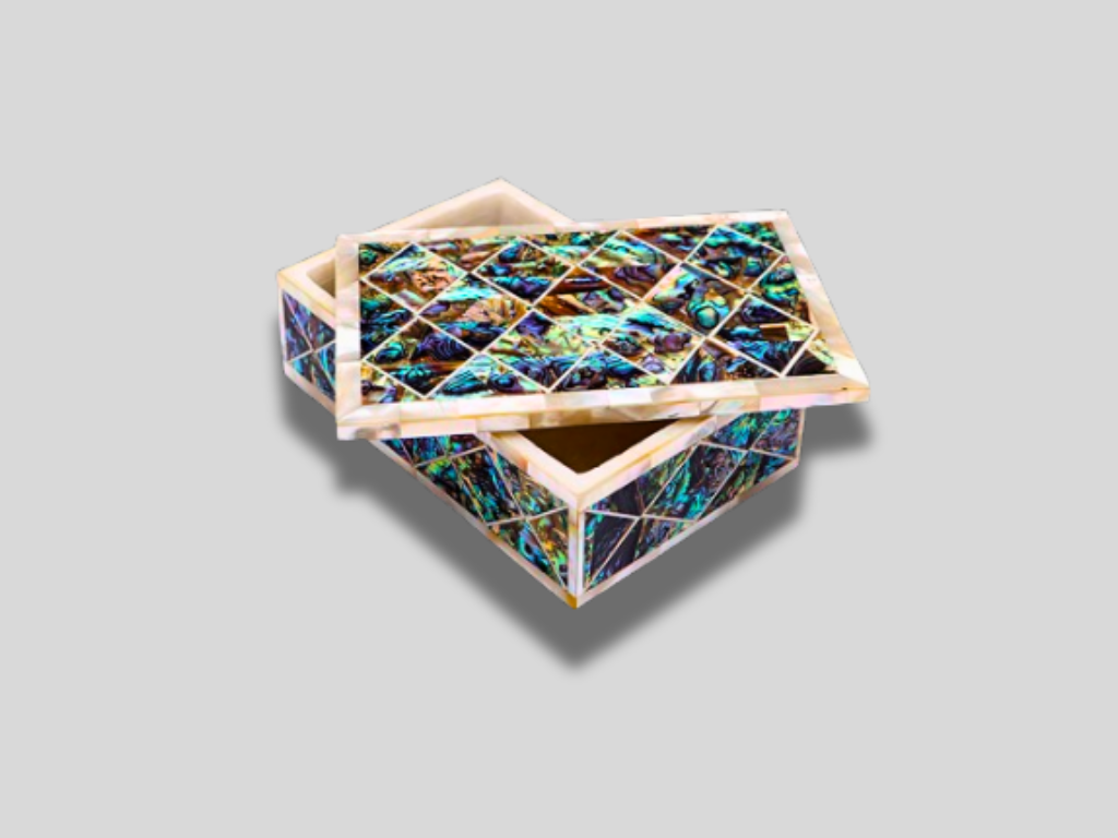 Pauashell Inlaid White Marble Trinket Jewelry Box Handmade Centerpiece Decor