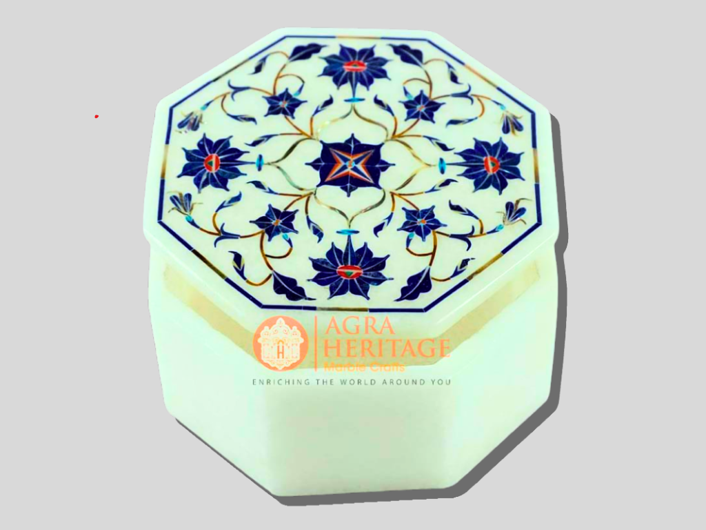 White Marble Inlay Jewelry Box Lapis Lazuli Arts