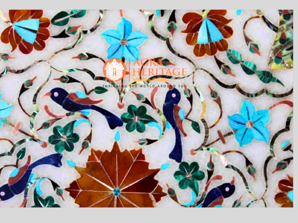 Peacock Art Marble Multi Inlay Floral Design Plate Interior