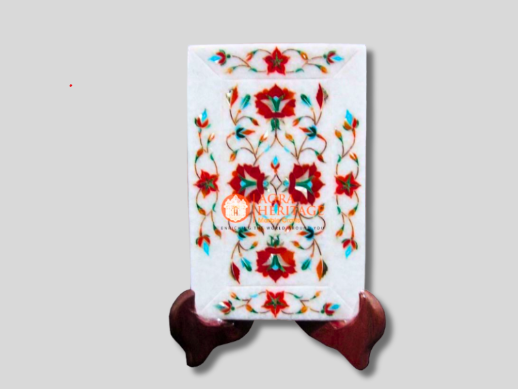 White Marble Carnelian Marquetry Inlaid Floral Art Tray