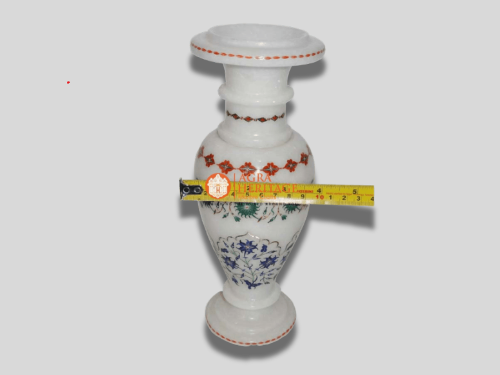 White Marble Vase Malachite Lapis Carnelian Inlay Floral Decor