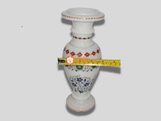 White Marble Vase Malachite Lapis Carnelian Inlay Floral Decor