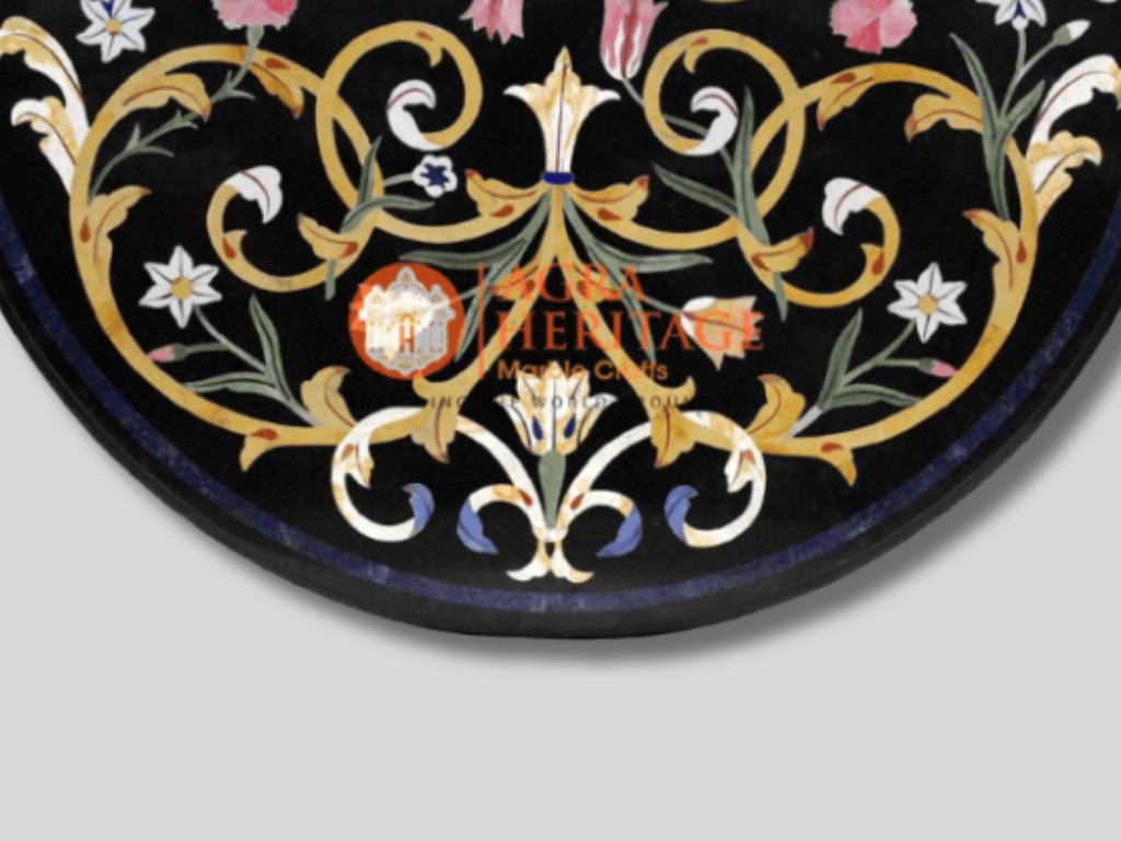 Black Marble Marquetry Inlaid Coffee Table Top