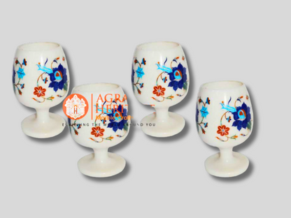 Marble 4 Pcs Wine Glass Inlay Stone Lapis Turquoise Floral Decor