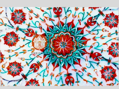 White Marble Plate Malachite Carnelian Inlay Floral Design