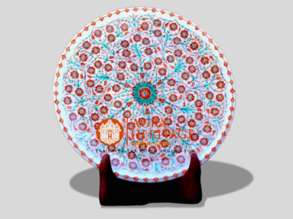White Marble Plate Malachite Carnelian Inlay Floral Design