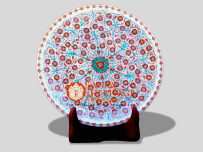 White Marble Plate Malachite Carnelian Inlay Floral Design
