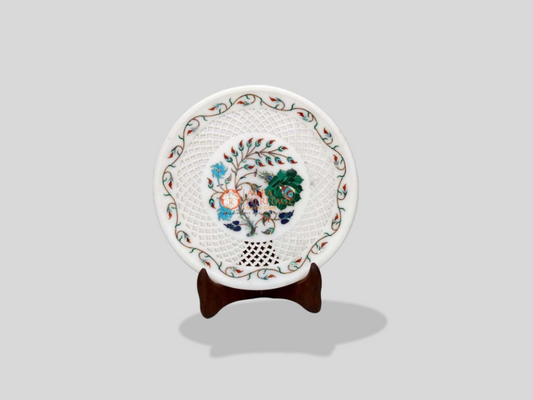 Marble Collectible Dish Plate Inlay Stone Floral Art