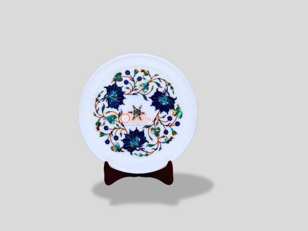 White Marble Table Decor Plate Lapis Floral Fine Art Gift