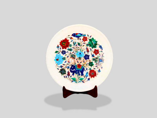 White Handmade Plate Lapis Elephant Floral Design Gift