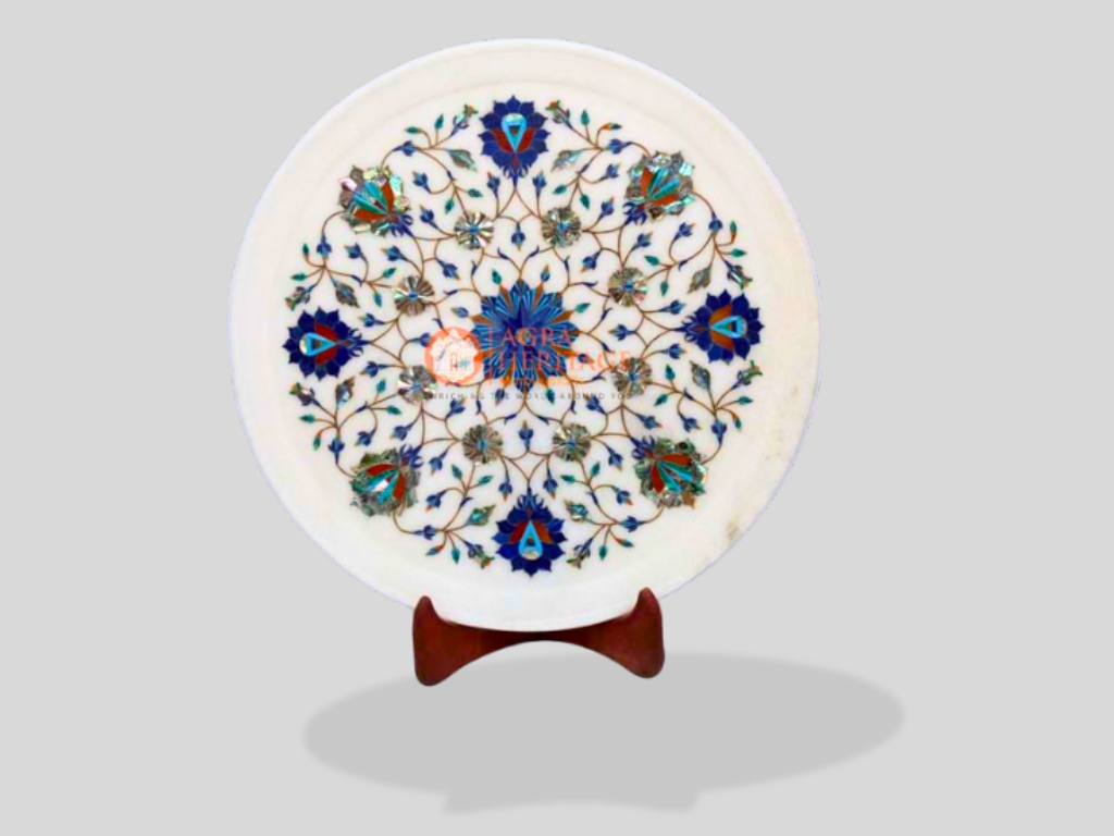 White Dish Plate Lapis Semi Precious Floral Art Kitchen Decor