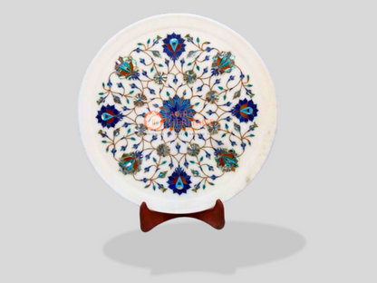 White Dish Plate Lapis Semi Precious Floral Art Kitchen Decor