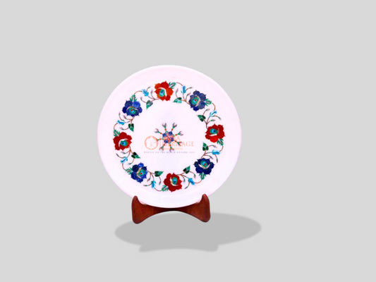 Marble Decorative Plate Lapis Inlay Multi Stone Floral Art
