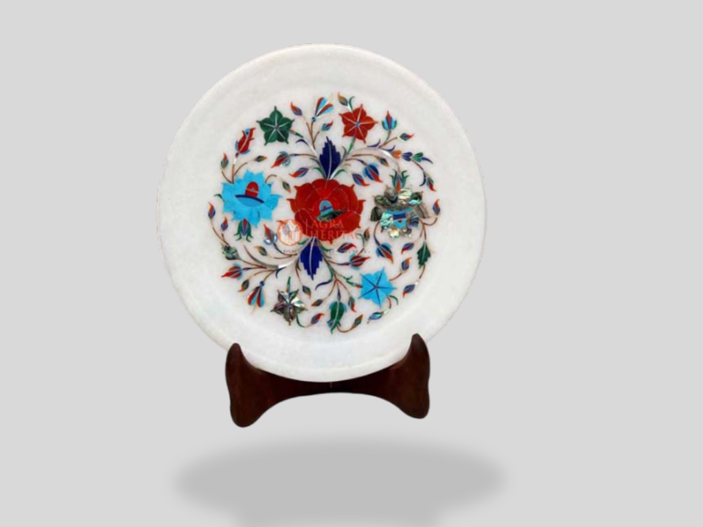White Decorative Dish Plate Carnelian Semi Precious Floral Art