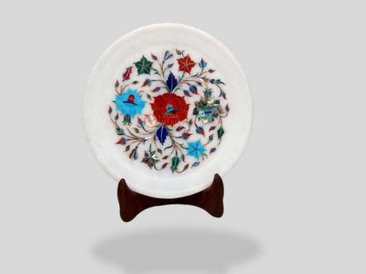 White Decorative Dish Plate Carnelian Semi Precious Floral Art