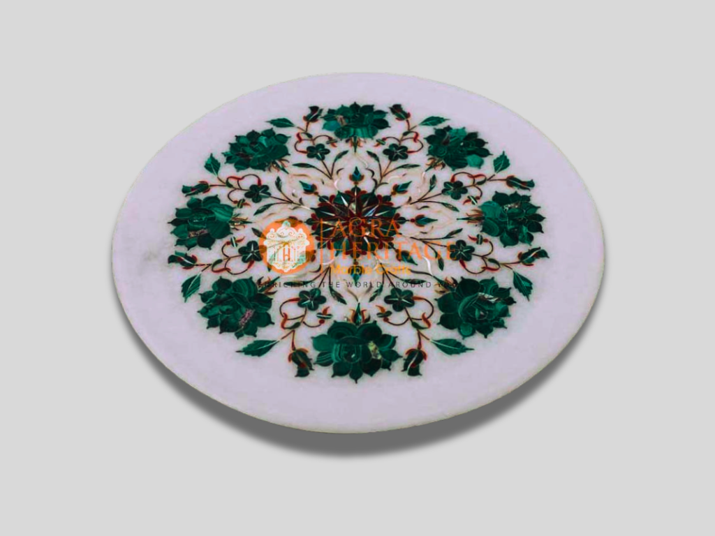 Marble Round Serving Plate Malachite Inlay Floral Arts