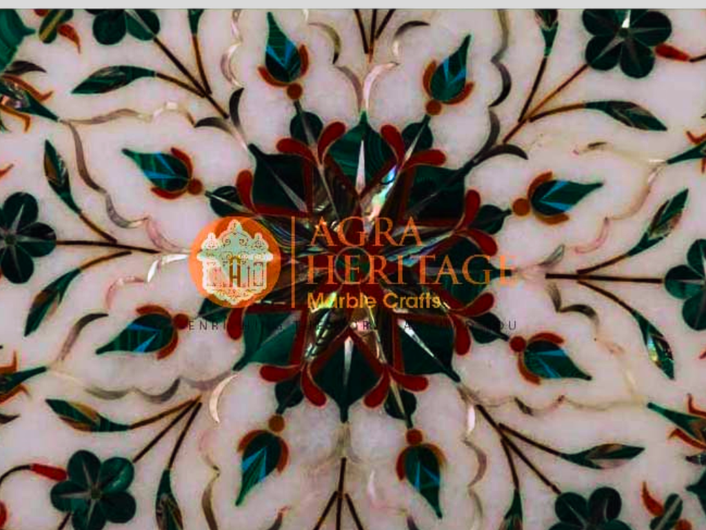 Marble Round Serving Plate Malachite Inlay Floral Arts