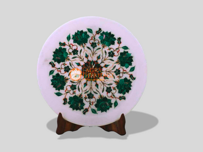 Marble Round Serving Plate Malachite Inlay Floral Arts