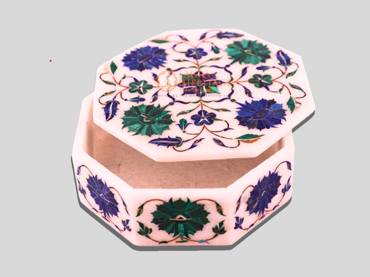 White Jewelry Lidded Vintage Box Lapis Art