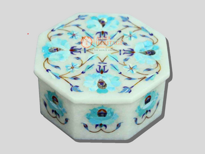 Marble Jewelry Lidded Box Turquoise Floral Art