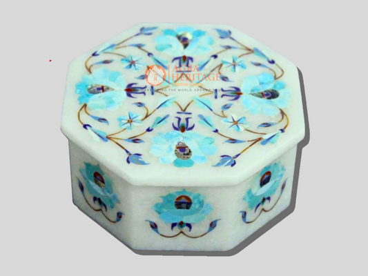 Marble Jewelry Lidded Box Turquoise Floral Art