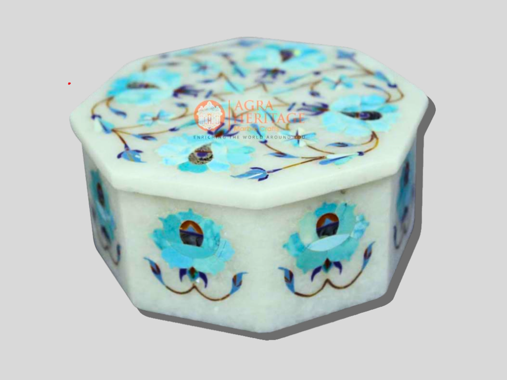 Marble Jewelry Lidded Box Turquoise Floral Art