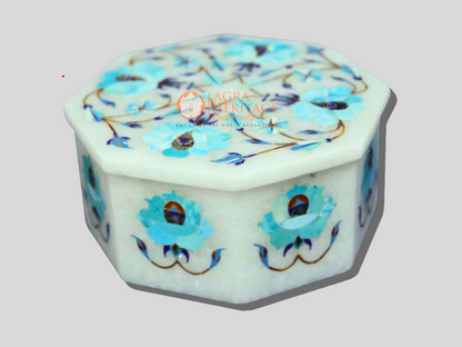 Marble Jewelry Lidded Box Turquoise Floral Art